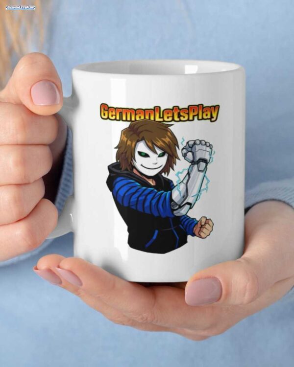 **GermanLetsPlay Merch: Maskierter Gamer Roboterarm Tasse – Ihr ultimatives Fan-Accessoire**